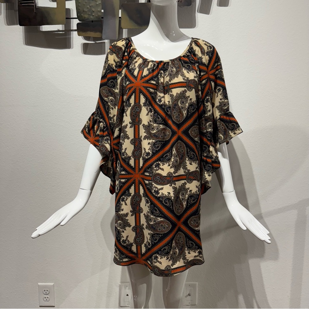 Voom by Joy Han Southwestern Paisley Printed Bohemian Sun Dress Ruffled Sleeves